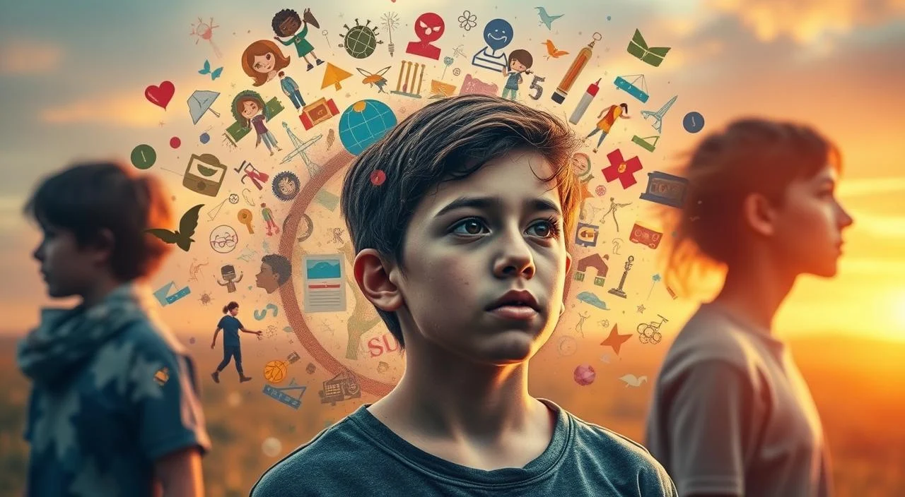 Transformations of adolescence: a vibrant yet vulnerable journey. In the foreground, a young person stands amidst a whirlwind of emotions, their face a canvas of self-discovery. Surrounding them, a kaleidoscope of symbols representing the physical, cognitive, and social changes that define this pivotal stage of life. The middle ground features a dreamlike collage of adolescent experiences - peer relationships, academic pressures, and the search for identity. In the background, a warm, soft-focus landscape suggests the potential for growth and self-acceptance, even in the face of uncertainty. Lit by a warm, golden glow, the scene conveys the complexity, fragility, and promise of adolescence.