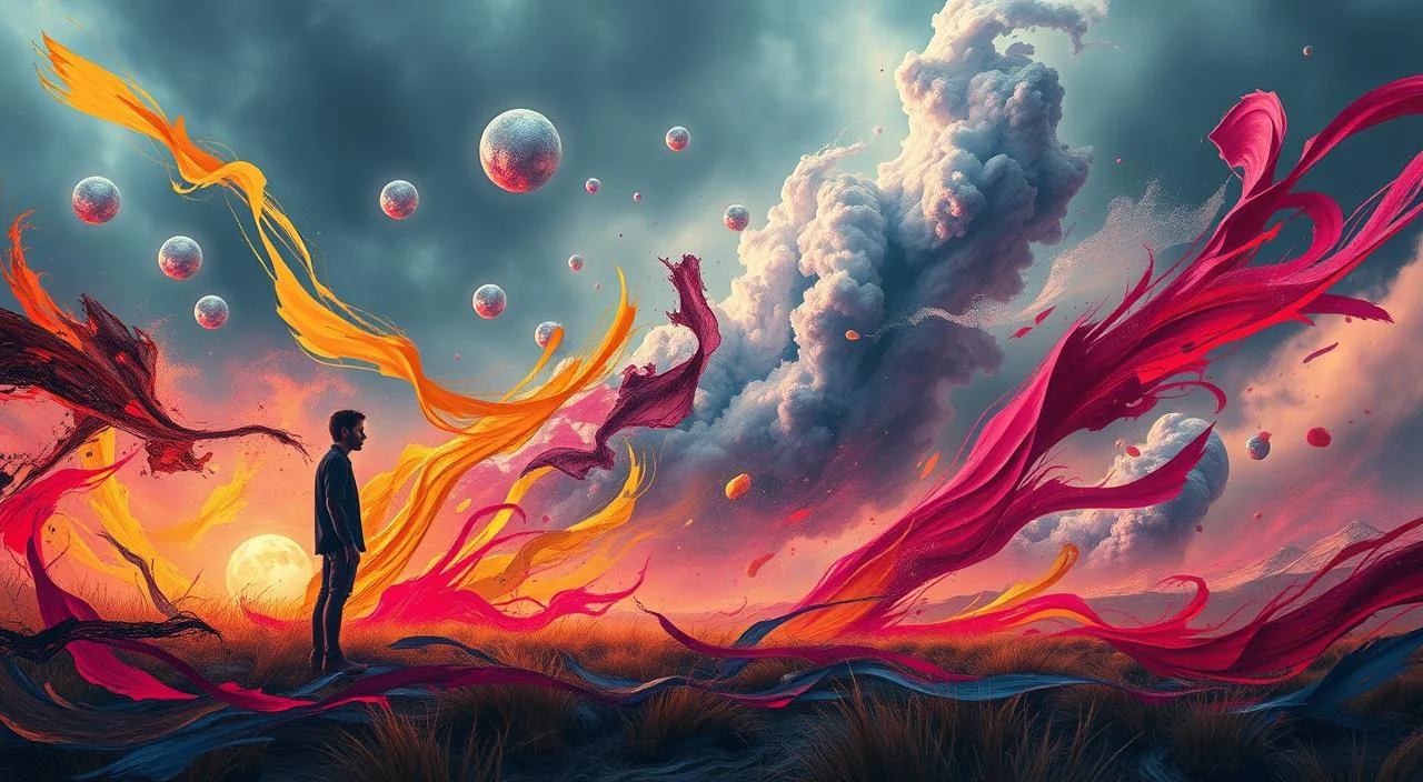 Vibrant interplay of swirling emotions and creative energy, captured in a surreal landscape. In the foreground, an anxious figure stands amidst a whirlwind of brushstrokes and vivid hues, symbolizing the tension between anxiety and artistic expression. The middle ground features an abstract dreamscape, with floating shapes and ethereal forms, conveying the subconscious realm where creativity and unease coexist. In the background, a moody, atmospheric sky sets the tone, with dramatic lighting and a sense of mystery. Cinematic, high-contrast composition, with a focus on depth, texture, and the interplay of light and shadow, evoking the duality of anxiety and creativity.