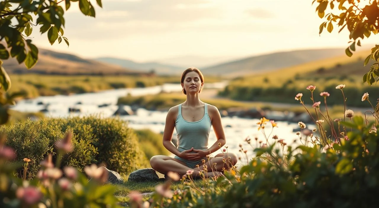Visualizações para cefaleia tensional: A serene landscape with a person in a meditative pose, surrounded by soothing visuals. Soft, diffused lighting illuminates the scene, creating a calming atmosphere. In the foreground, a person sits cross-legged, eyes closed, hands resting on their lap, deeply focused on their breathing. Behind them, a gentle stream flows, its surface reflecting the natural surroundings. In the middle ground, lush green foliage frames the scene, with delicate flowers and plants adding pops of color. The background features rolling hills and a tranquil sky, creating a sense of expansiveness and peace. The overall composition evokes a sense of inner calm and relaxation, suitable for illustrating techniques of hypnotherapy for anxiety and tension headaches.