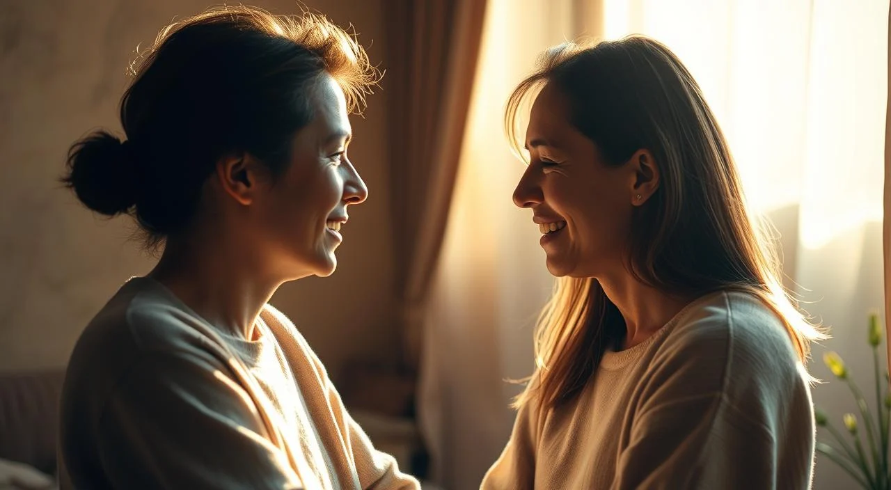 Warm, natural lighting illuminates a serene scene of two individuals engaged in a heartfelt, face-to-face conversation. Their postures are relaxed, their expressions open and attentive, conveying a sense of mutual trust and authenticity. The background is softly blurred, keeping the focus on the interpersonal connection. Gentle earth tones and organic textures create a calming, grounded atmosphere, reflecting the sincerity and reliability of their communication. The overall composition radiates a sense of genuine, meaningful exchange between the figures.
