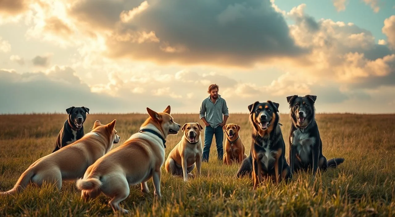 a fearful person standing in a grassy field, nervously looking at a pack of dogs in the foreground, their body language and facial expression conveying a sense of trepidation and unease; the dogs are of varying breeds, some standing alert and others lounging casually, creating an intimidating yet approachable scene; the sky is partly cloudy, with warm golden light filtering through, lending a contemplative atmosphere; the overall composition draws the viewer's attention to the central figures, highlighting the contrast between the human's fear and the dogs' nonchalance.